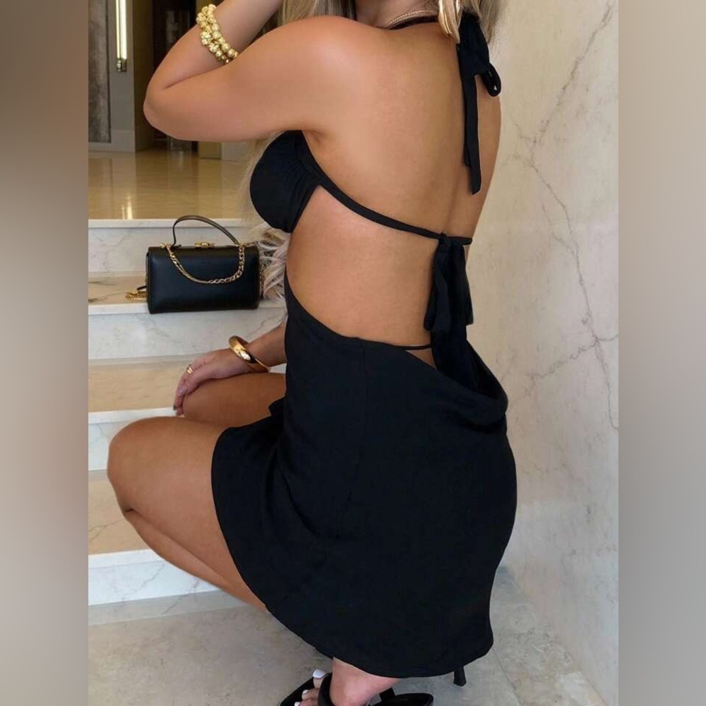 SHEIN Black Halter Cut-Out Mini Dress Open Back Slit - NWOT - Picture 5 of 5